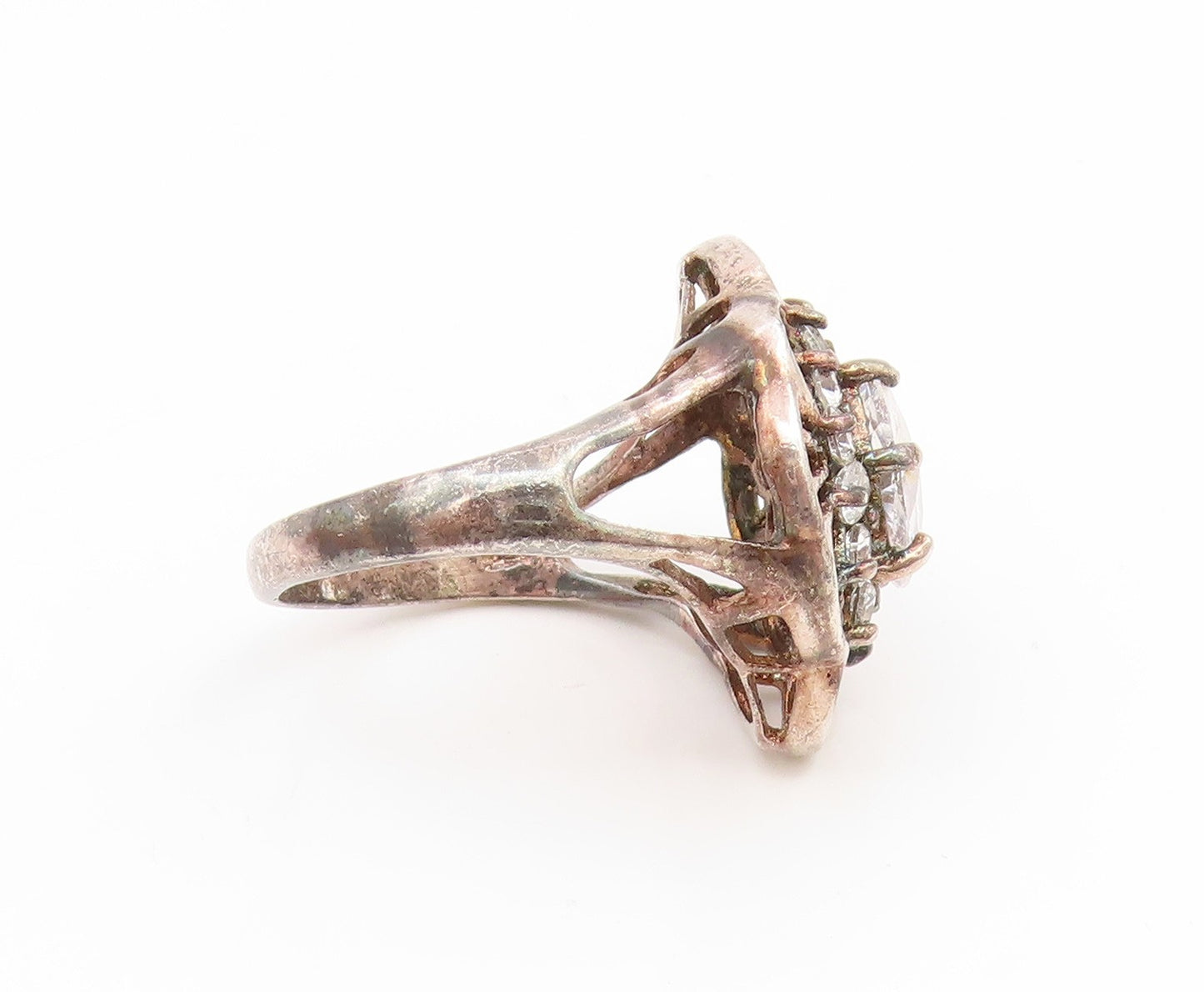 925 Sterling Silver Vintage Ring Elegant CZ Floral Cutout Band  Sz 9  RG35197