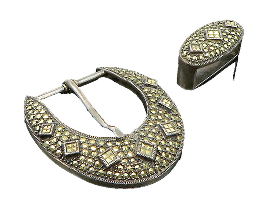 JUDITH JACK 925 Sterling Silver  Vintage Marcasite Belt Buckle & Loop  TR3245
