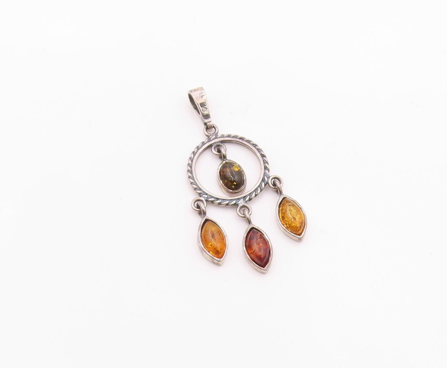 POLAND 925 Sterling Silver  Vintage Cabochon Cut Amber Twist Pendant  PT18078
