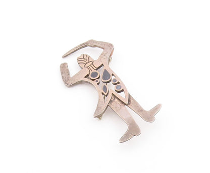 MEXICO 925 Silver  Vintage Black Onyx Cut Out Tribal Man Brooch Pin  BP9531