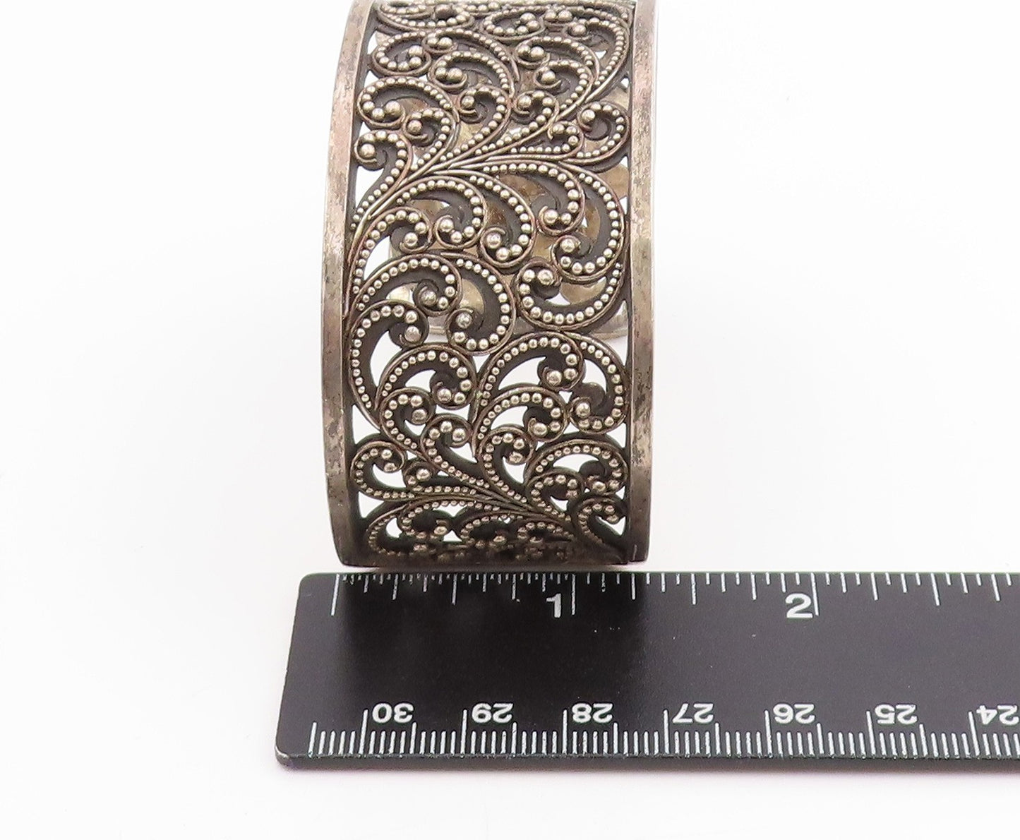 925 Sterling Silver Vintage Bracelet Lois Hill Beaded Scrollwork Cuff  BT11440