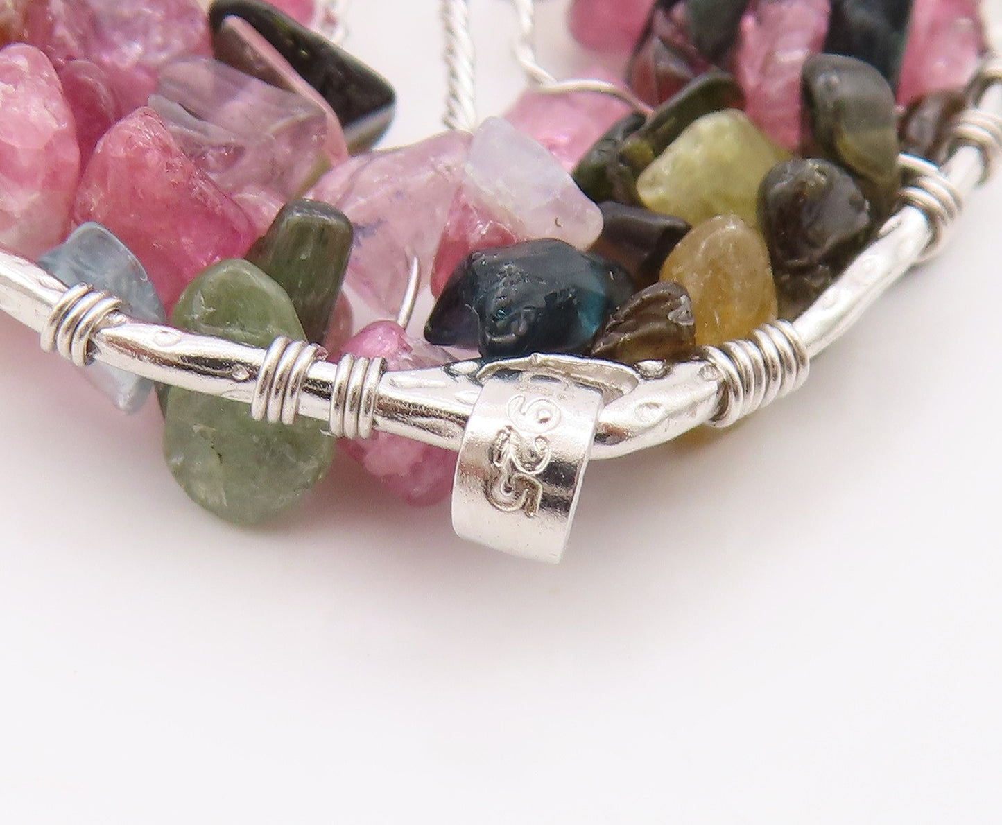 925 Sterling Silver Vintage Pendant Designer Wired Gemstone Tree Of Life PT24261