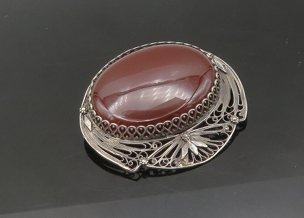 EUROPEAN 925 Sterling Silver  Vintage Carnelian Floral Brooch Pin  BP8680