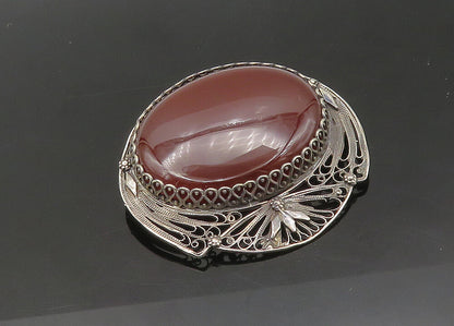 EUROPEAN 925 Sterling Silver  Vintage Carnelian Floral Brooch Pin  BP8680