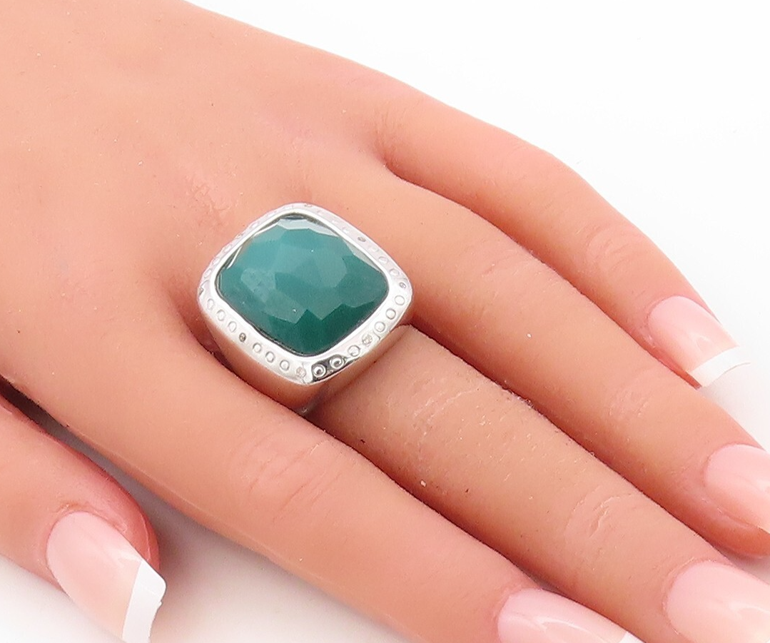 925 Sterling Silver Vintage Ring Rectangle Green Onyx & CZ Frame Sz 7.5  RG30918