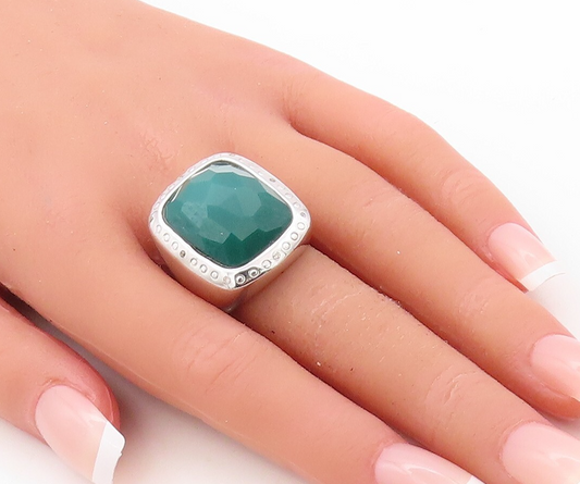 925 Sterling Silver Vintage Ring Rectangle Green Onyx & CZ Frame Sz 7.5  RG30918