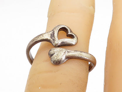 925 Sterling Silver  Vintage Antique Dark Tone Heart Bypass Ring Sz 4  RG5362