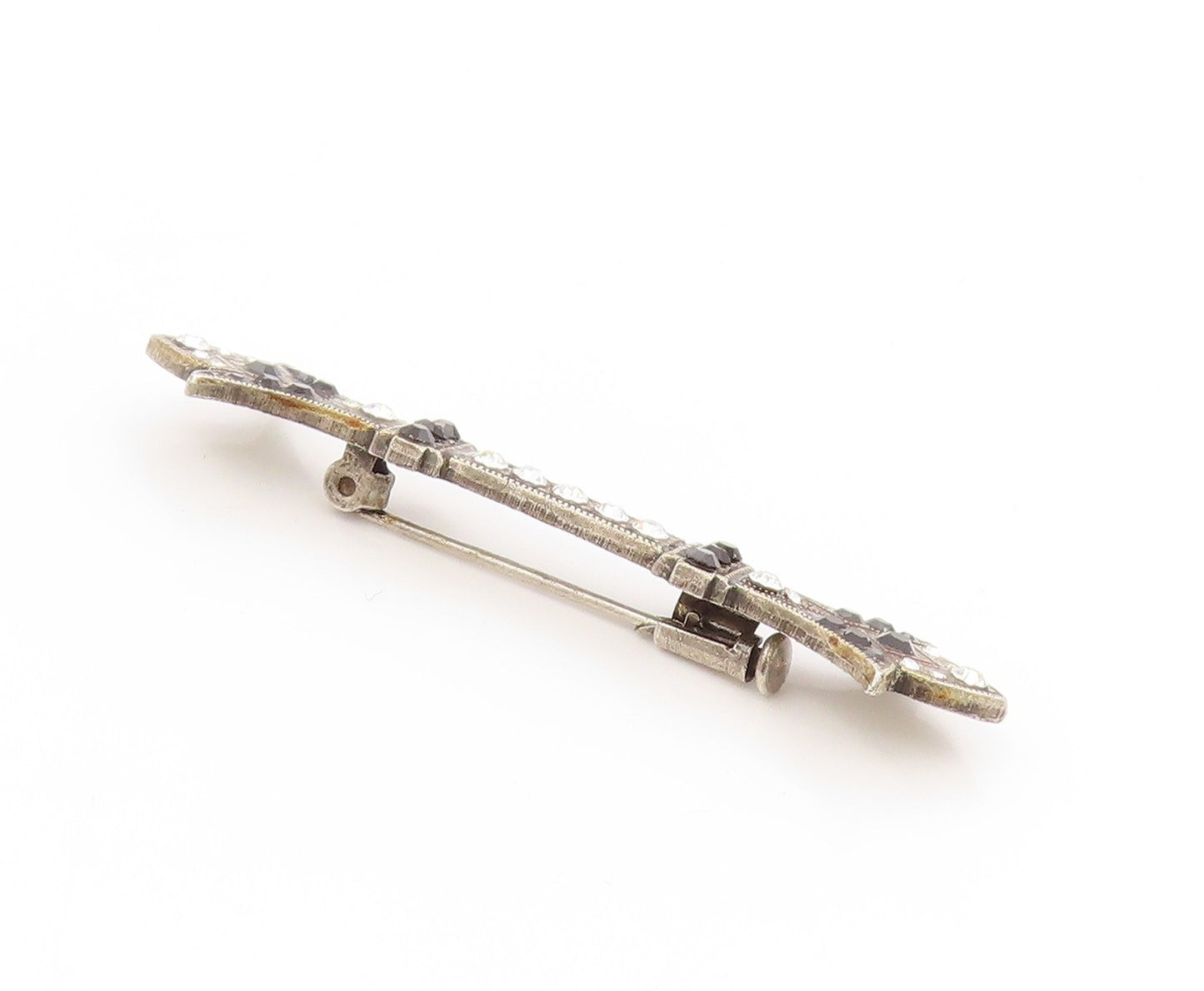 925 Sterling Silver Vintage Brooch Round CZ Geometric Crystal Bar Pin  BP11873