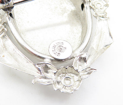 925 Sterling Silver  Vintage Shiny Floral Wreath Matte Oval Brooch Pin  BP2767