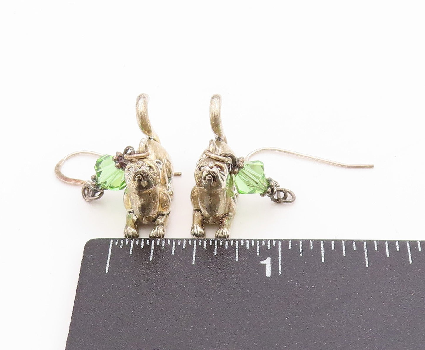 925 Sterling Silver Vintage Earrings Lucky Cat Charm with Green Sparkle  EG13710
