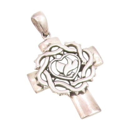 925 Sterling Silver Vintage Pendant Thorn Wrapped Dove & Heart Cross  PT25613