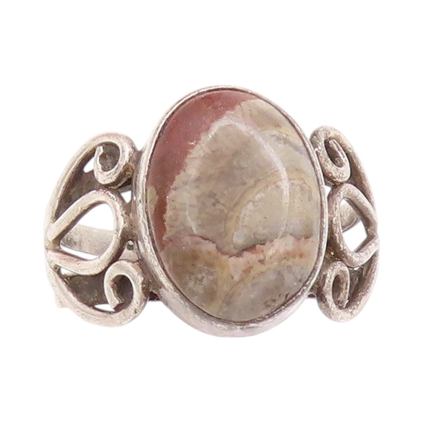925 Sterling Silver Vintage Ring Oval Gemstone Swirly Cutout Band Sz 8.5 RG32950