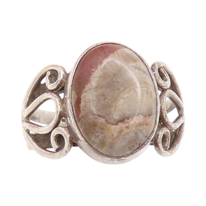 925 Sterling Silver Vintage Ring Oval Gemstone Swirly Cutout Band Sz 8.5 RG32950