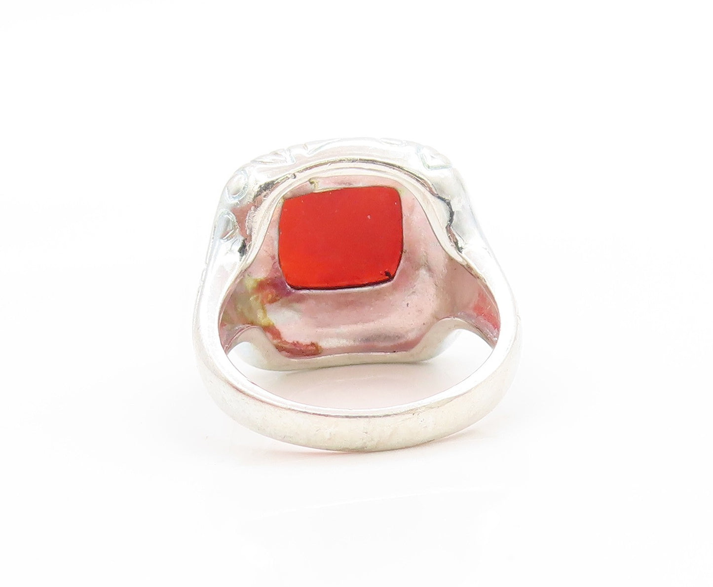925 Sterling Silver Vintage Ring Carnelian Etched Floral Leaf Band Sz 7 RG33696