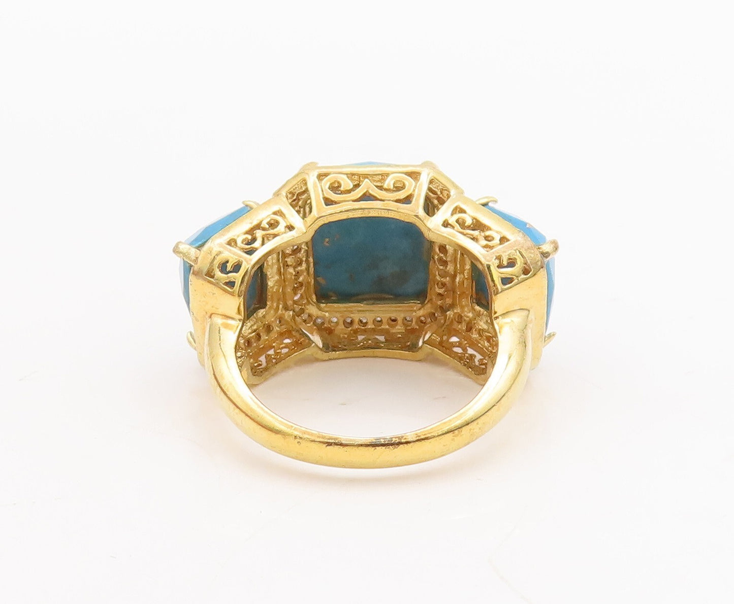 925 Sterling Silver Vintage Ring Gold Plated Diamonds &Turquoise  Sz 7.5 RG29242
