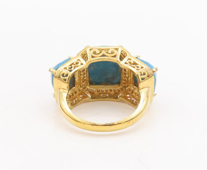 925 Sterling Silver Vintage Ring Gold Plated Diamonds &Turquoise  Sz 7.5 RG29242