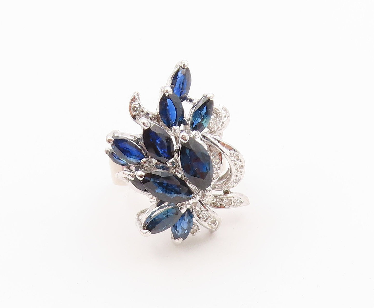 925 Sterling Silver Vintage Ring Real Diamonds & Sapphire Flower  Sz 6  RG36623