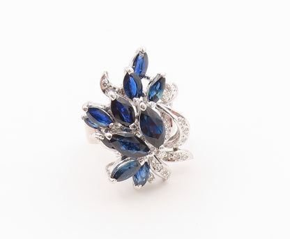 925 Sterling Silver Vintage Ring Real Diamonds & Sapphire Flower  Sz 6  RG36623