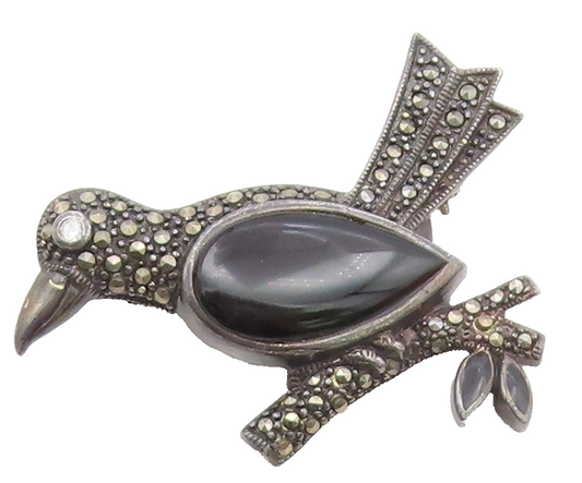925 Silver  Vintage Onyx Cubic Zirconia & Marcasite Bird Brooch Pin  BP9543