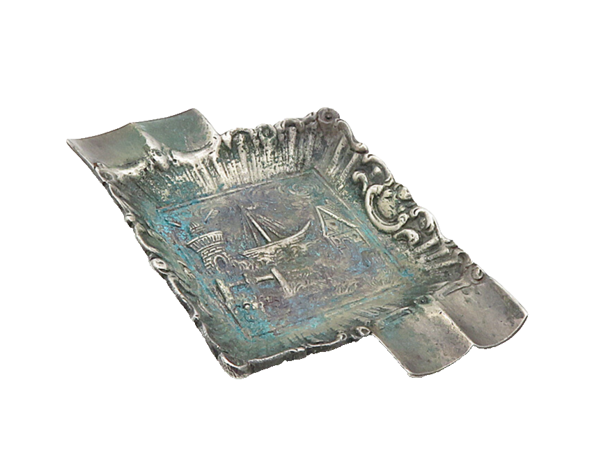 925 Sterling Silver  Vintage Antique Oxidized Boat Scene Ash Tray  TR1406