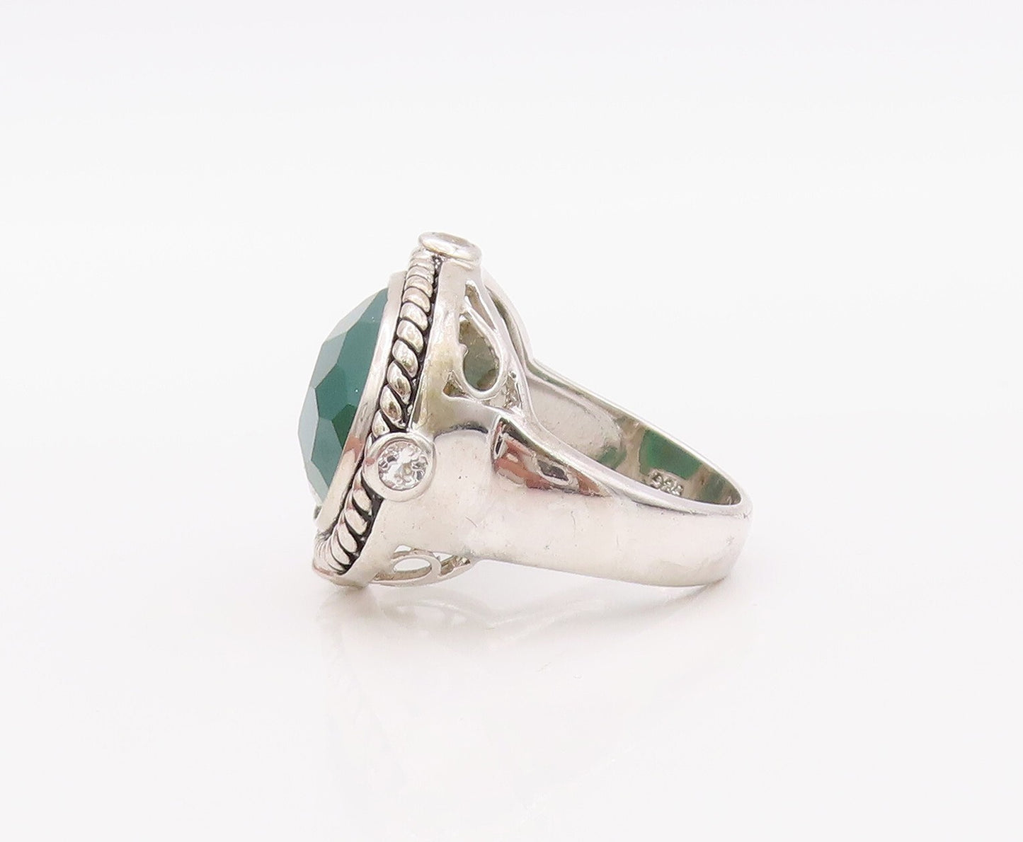 925 Sterling Silver Vintage Ring Twisted Rope Oval Green Onyx & CZ Sz 7  RG30304