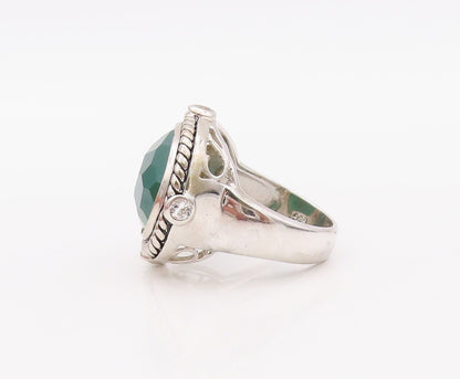 925 Sterling Silver Vintage Ring Twisted Rope Oval Green Onyx & CZ Sz 7  RG30304