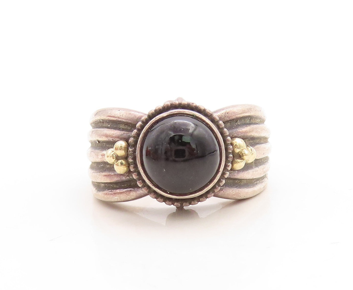 18k Gold 925 Sterling Silver Vintage Ring Grooved Cabochon Onyx Sz 10.5 RG31514