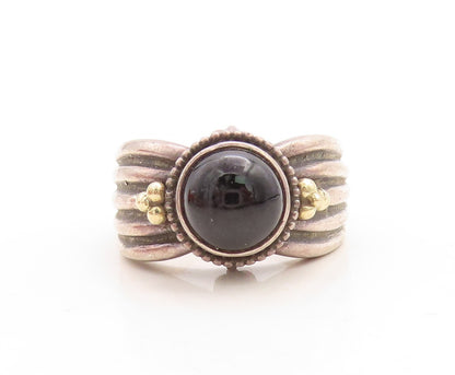 18k Gold 925 Sterling Silver Vintage Ring Grooved Cabochon Onyx Sz 10.5 RG31514