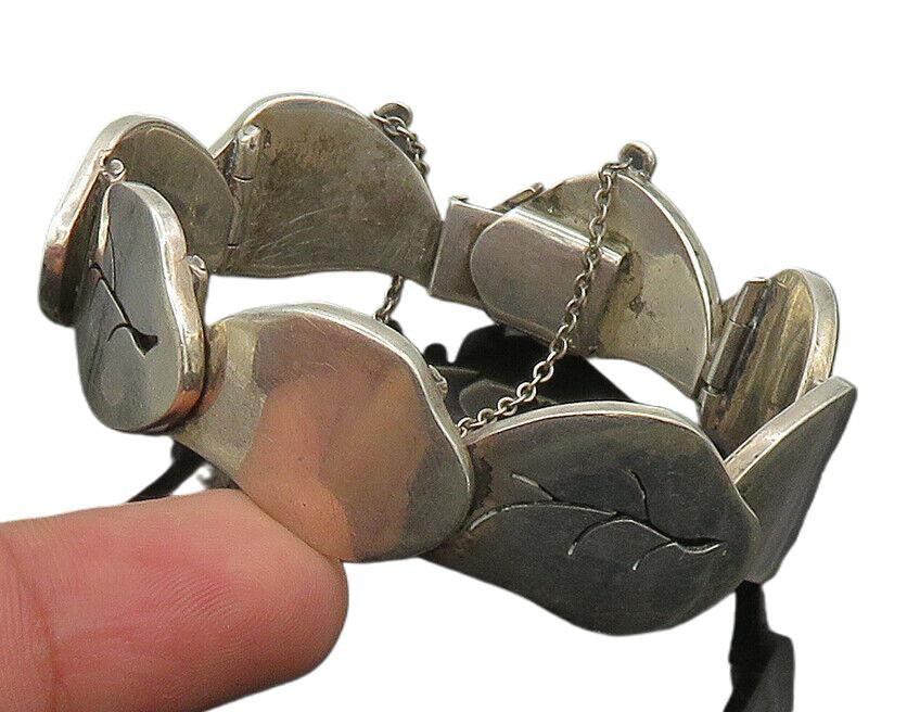 DESIGNER 925 Sterling Silver Vintage Carved Leaf Pattern Link Bracelet BT9445