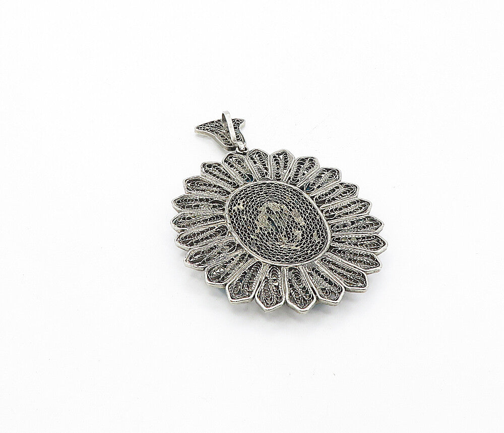 925 Sterling Silver  Vintage Cabochon Cut Turquoise Filigree Pendant  PT6285