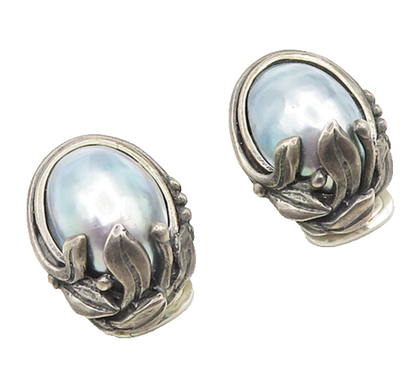 925 Sterling Silver Vintage Mother Of Pearl Floral Non Pierce Earrings  EG9579