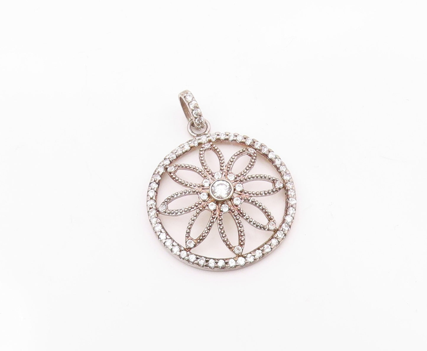 925 Sterling Silver  Vintage Cubic Zirconia Open Flower Motif Pendant  PT18476
