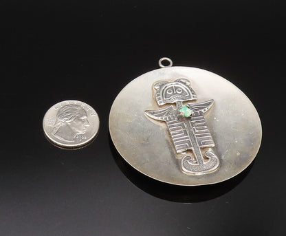 925 Silver  Vintage Carved Figure With Tumbled Jade Disc Pendant  PT21817