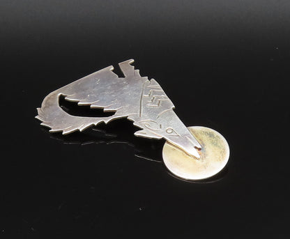 SOUTHWESTERN 925 Silver Vintage Two Tone Wolf & Full Moon Brooch Pin BP9995