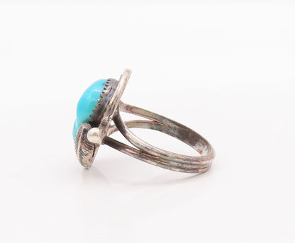 925 Sterling Silver Vintage Ring NAVAJO Floral Carved Turquoise  Sz 7  RG28336