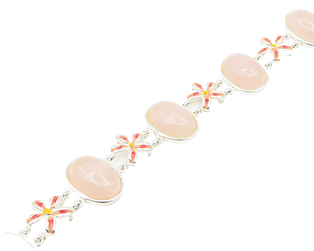 DAVID SIGAL 925 Silver  Cabochon Cut Rose Quartz Floral Chain Bracelet  BT7617