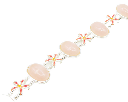 DAVID SIGAL 925 Silver  Cabochon Cut Rose Quartz Floral Chain Bracelet  BT7617