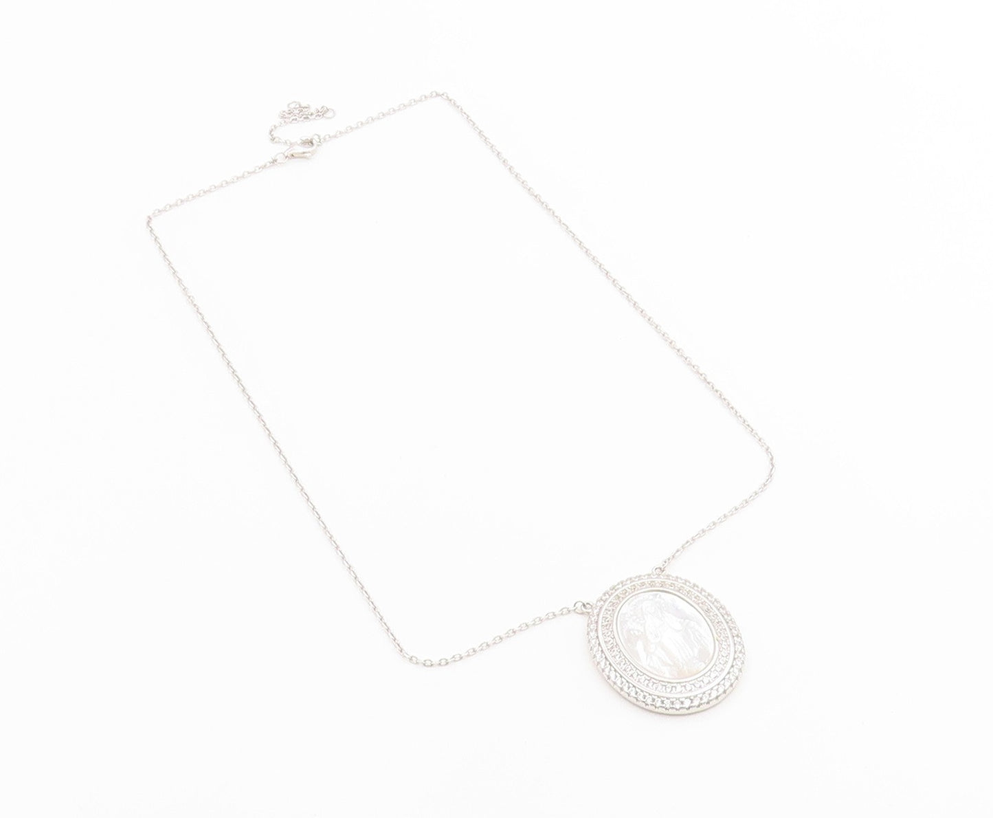 925 Sterling Silver Vintage Necklace Mother Of Pearl Halo CZ Virgin Mary  NE4902