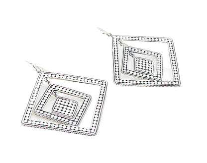 925 Sterling Silver  Shiny Circle Patterned Square Dangle Earrings  EG3429