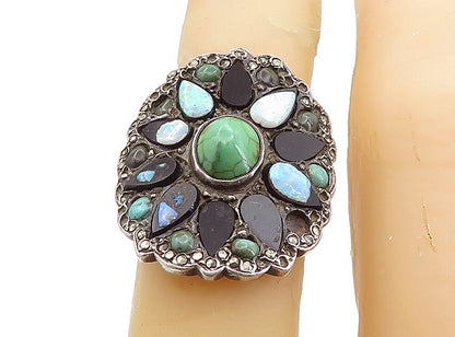 925 Silver  Vintage Turquoise Onyx & Opal Victorian Cocktail Ring Sz 5  RG7641