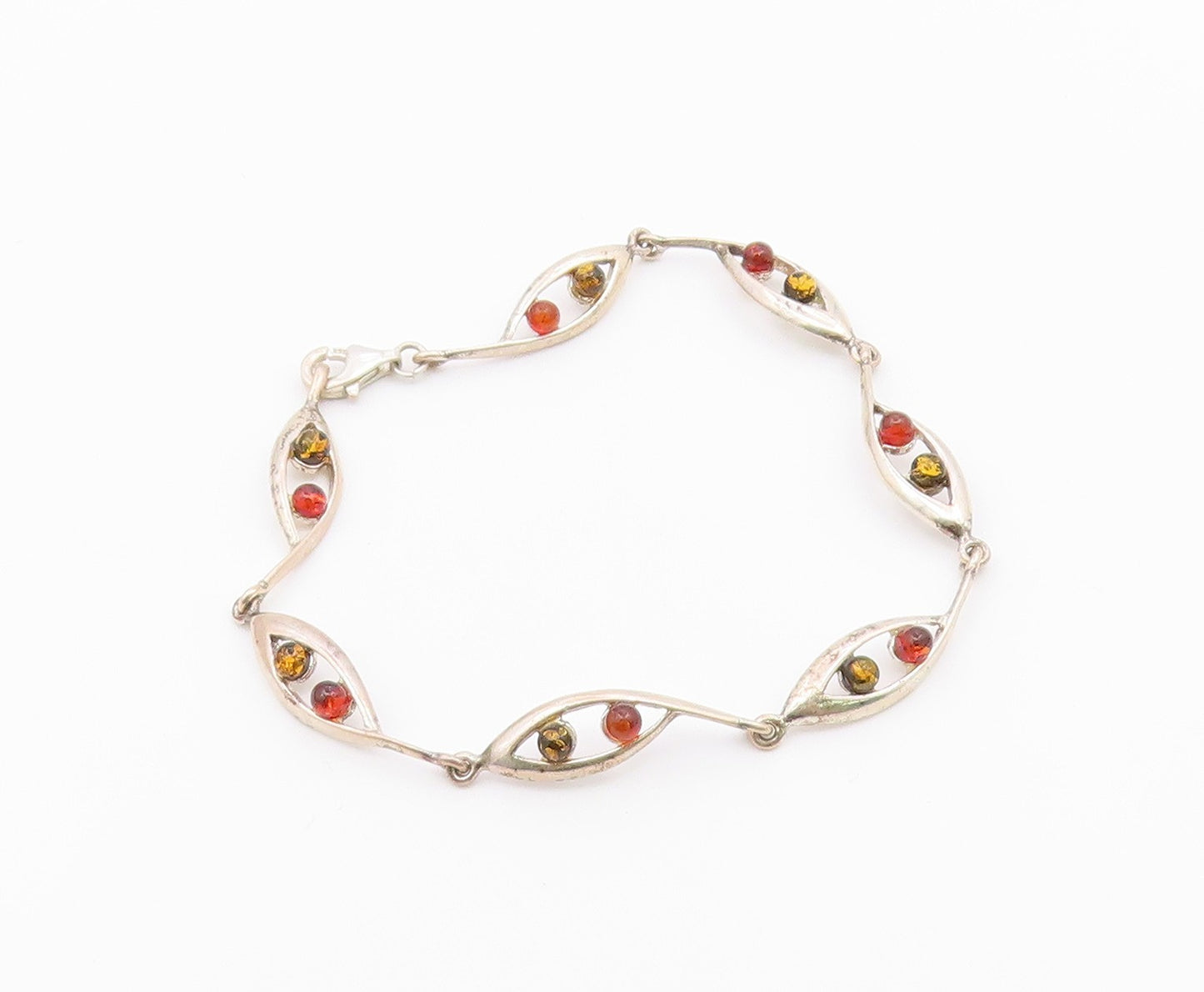925 Sterling Silver  Vintage Petite Cabochon Cut Amber Chain Bracelet  BT8772