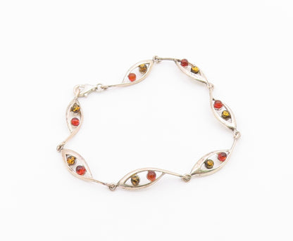 925 Sterling Silver  Vintage Petite Cabochon Cut Amber Chain Bracelet  BT8772