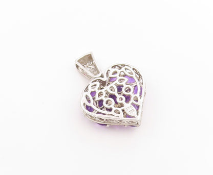 925 Sterling Silver Vintage Pendant Amethyst Elegant Love Heart Cluster  PT26101