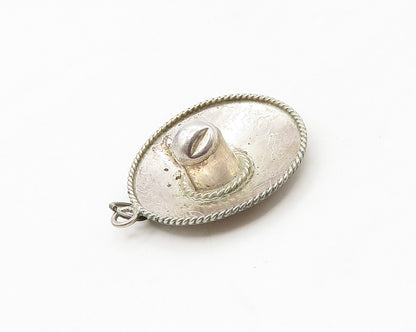 MEXICO 925 Sterling Silver Vintage Floral Etched Sombrero Pendant PT13799