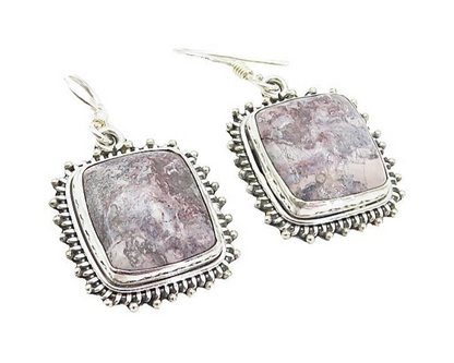 925 Sterling Silver  Vintage Cabochon Cut Jasper Square Drop Earrings  EG3232