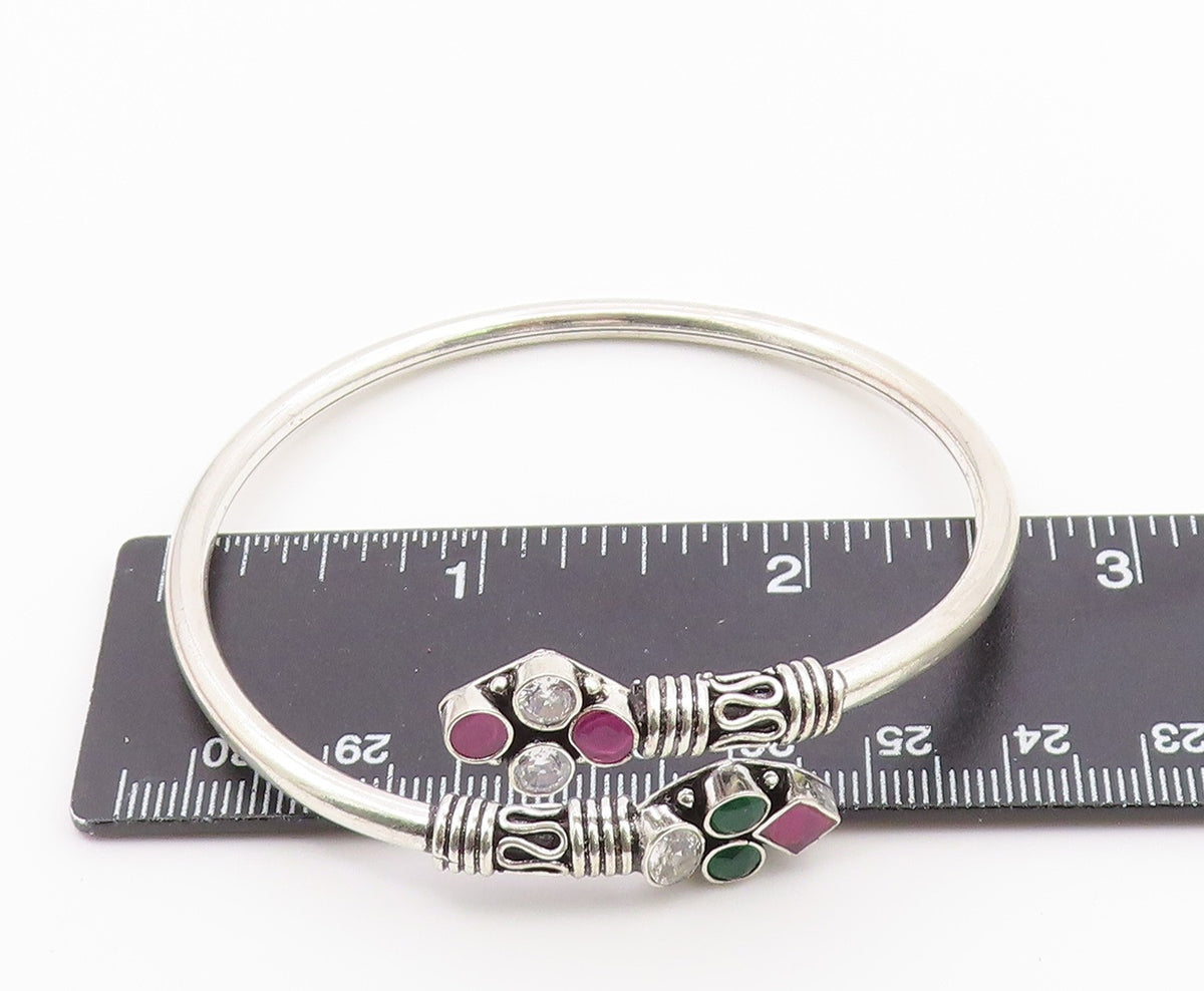 925 Silver  Vintage Ruby Emerald & White Topaz Bypass Cuff Bracelet  BT9564