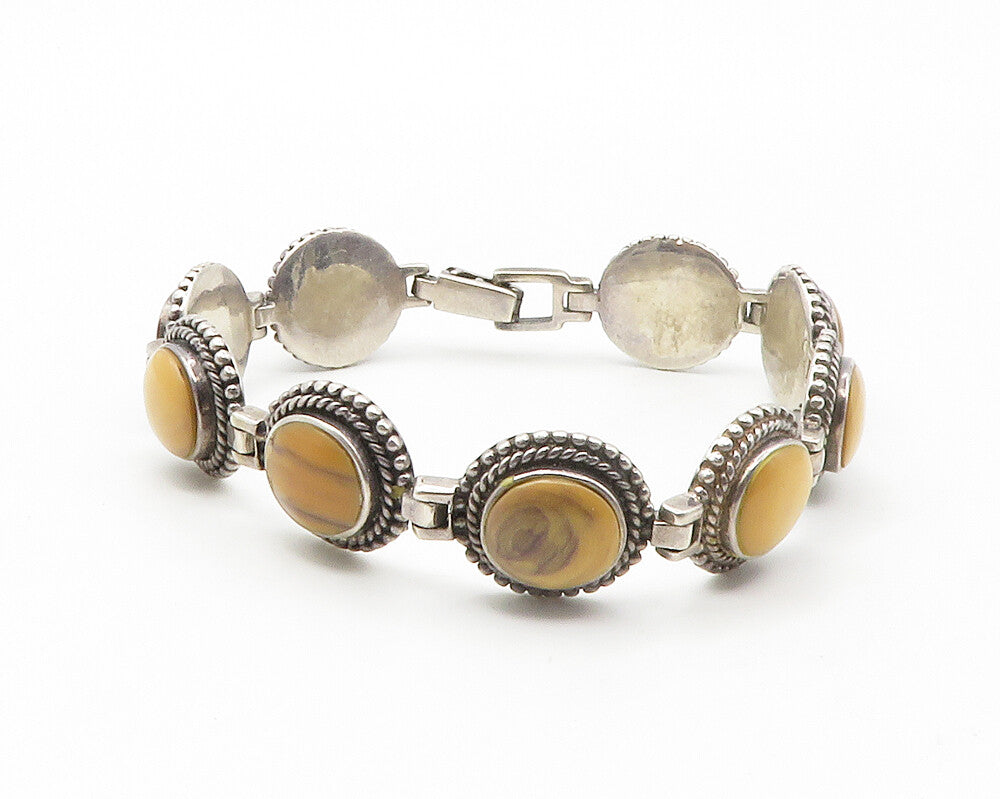 925 Sterling Silver  Vintage Jasper Round Hinge Link Chain Bracelet  BT5542
