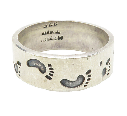 MEXICO 925 Sterling Silver  Vintage Footprint Pattern Band Ring Sz 11  RG14744