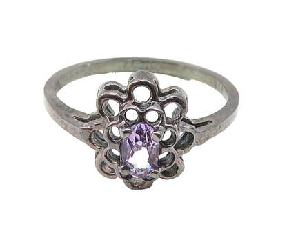 925 Sterling Silver  Vintage Amethyst Dark Tone Floral Band Ring Sz 6  RG10569