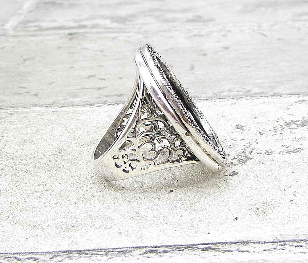 925 Sterling Silver  Marcasite Framed Woven Round Shield Ring Sz 5.5  RG1691